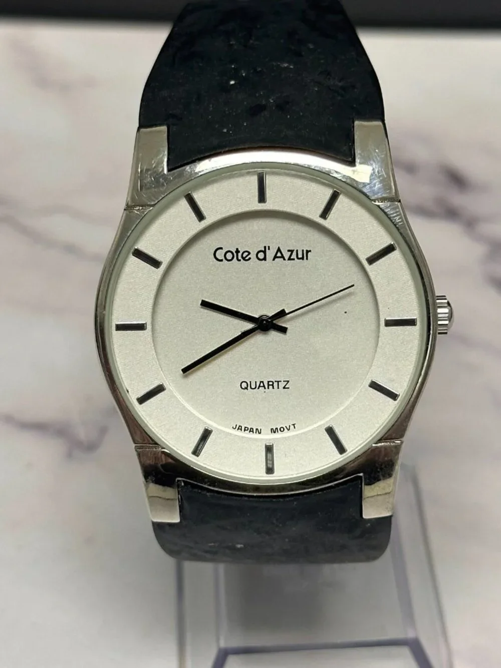 Cote d' Azur Watch Men Silver Tone Slim Round Black Resin Band New Battery 10